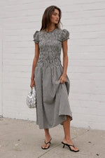 Women Smocked Dress Fashion Elegant Gingham Print Long Midi Dress Female Summer Short Sleeve Crew Neck Spring Dress Streetwear