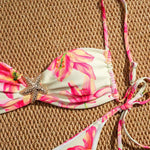 Sexy Pink Floral Print Micro Bikini 2025 Women Metal Starfish Ornament Pleate Push Up Thong Swimsuit Bathing Suit Pool Swimwear