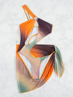 Sexy Orange Tie Dye Gradient One Piece Swimsuit 2025 Women One Shoulder Hollow Out Skirt Swimwear Bathing Suit Thong Monokini