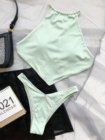 Sexy Ribbed Bikini Set Blue Pink High Neck Cut Out Push Up Crop Top 2 Piece Swimsuit Bathing Suit Thong Swimwear 2024 Beachwear