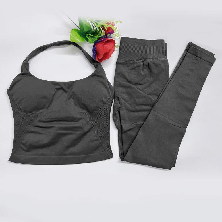 Women's Halter Top And Sports Leggings Gym Workout Set Two-Piece Pilates Clothes Yoga Outfits Impact Fitness Pants Set
