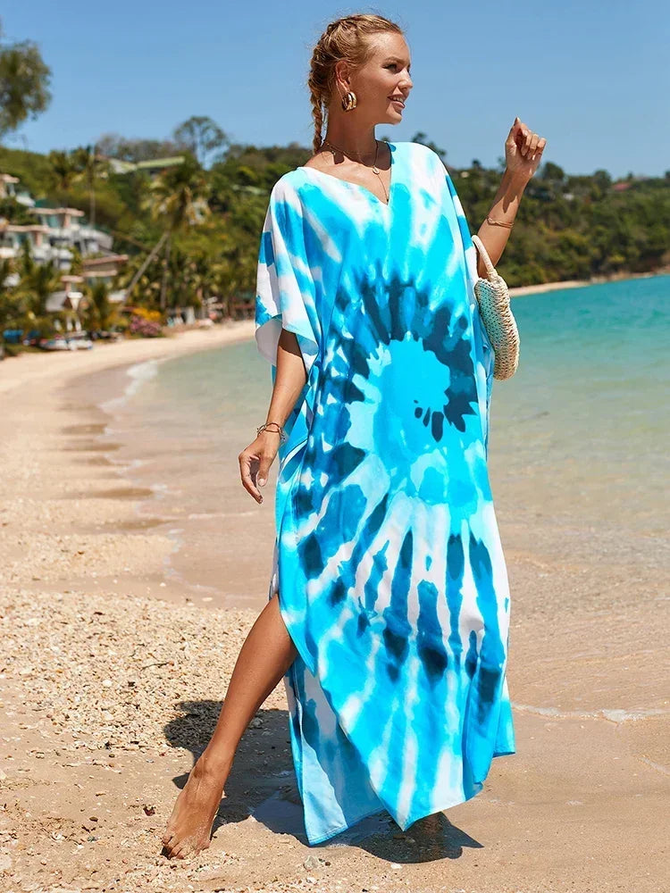 2025 Loose Boho Style Maxi Dress Print Face Swim Suit Cover-up Bohemian Dress Robe Plage Kaftan Maxi Dress Beach Wear Tunics