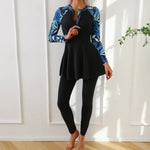 Muslim Swimwear Burkini Sets for Women Black Floral Print Zipper Long Sleeve Top Long Panties Sports Swimsuit Bathing Suit