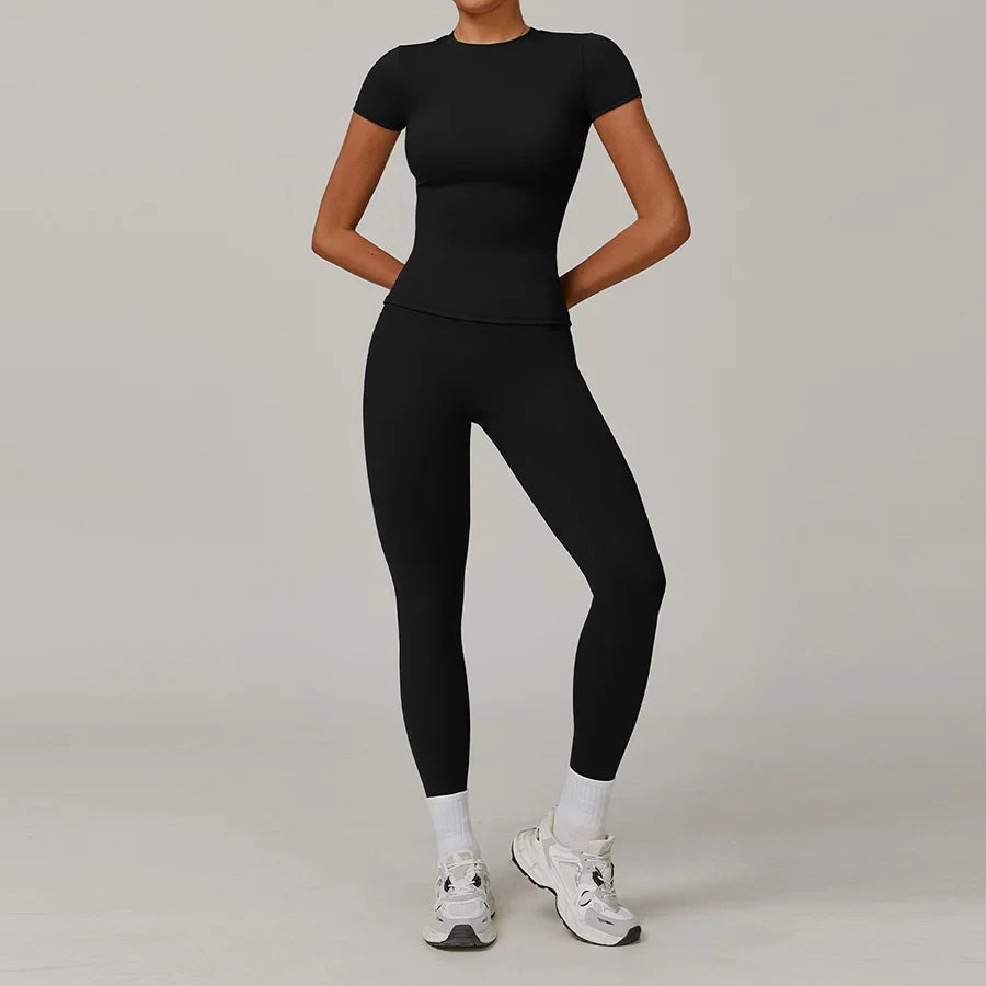 New Yoga Set Two Piece Women Short Sleeve Top with High Waist Leggings Seamless Workout Clothes Patchwork Sport Fitness Gym Sets