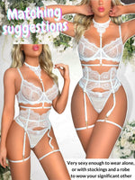 Sexy Garter Lingerie Set for Women – 4pcs Floral Lace Strappy High Waisted Bra Panty with Choker Belt