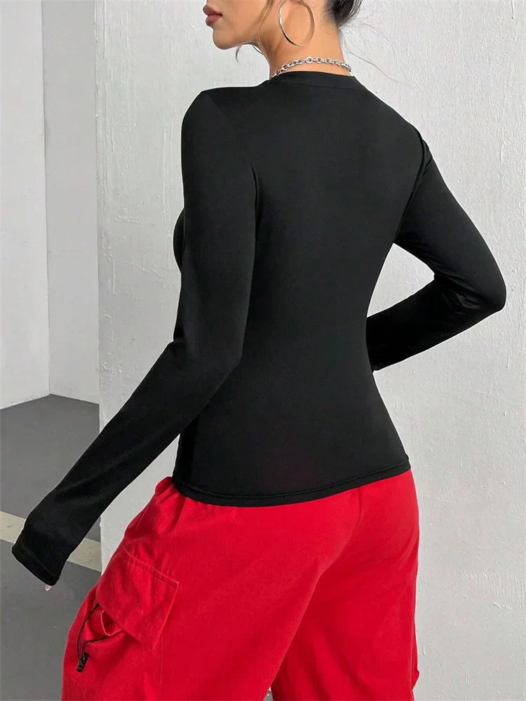 Women Spider Print Round Neck Long Sleeve Crop Tee Top Autumn Winter Spring Y2K Clothes Slim fit T-shirt