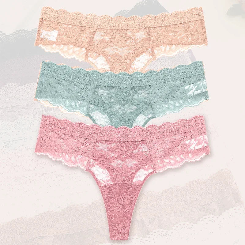 3Pcs Lace Sexy Thongs Women Low-Rise Briefs Sexy Soft Ladies Underwear Trendy Floral Underpants Female Flowery Panty Lingerie