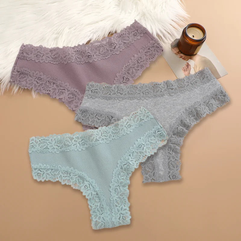 3Pcs Sexy Women Cotton Brazilian Pants Lace Brazilian Briefs Low Waist Floral Solid Color G-string Breathable Soft Lingerie