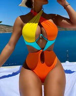 Sexy Constrast Color Swimwear Women Halter Cross Underwire Cut Out One Piece Swimsuit Bathing Suit Hot Pink Patchwork Bikini