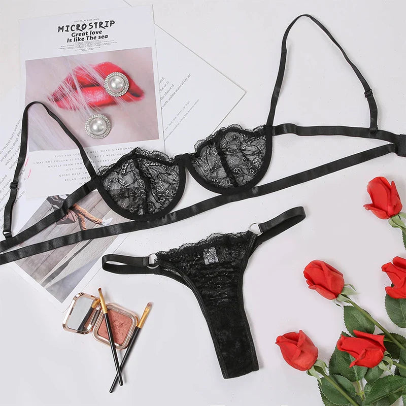Sexy Lace Bra And Thong Set Woman Porn Fancy Sensual Luxury LingerieTransparent Underwear Exotic Sets For Women's Panty Set