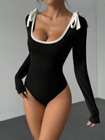 Women's Casual Color Block Slim Fit Long Sleeve Bodysuit Commuting Tie-Strap Decorate Rib-Knit Bodysuit Spring/Fall 2026