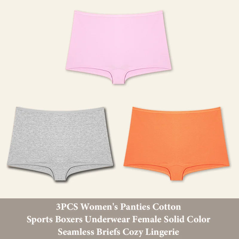 3PCS Women'sCotton Seamless Panties Sports Boxers Underwear Female Solid Color Briefs Cozy Lingerie Intimate Underpants XS-XL