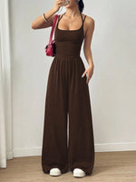 Women's Casual Solid Color Pleating Loose Straight Jumpsuit A-line Backless Halter Neck Slim Cami Jumpsuit Streetwear 2025