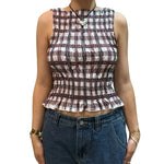 Women Summer Smock Tank Tops Casual Fashion Ruffle Hem Plaid Print Sleeveless Shirt Basic Vest Streetwear