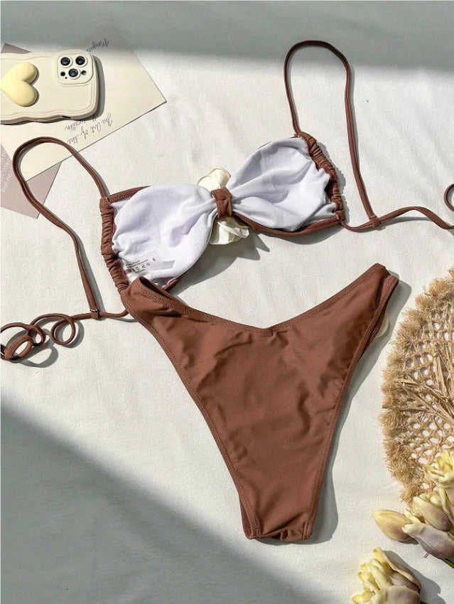 Sexy 3D Flower Patchwork Swimwear Thong Bikini 2024 Women Lace-up Swimsuit Halter Drawstring Swimming Bathing Suit Biquini Mujer