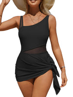 Sexy Black Mesh Patchwork One Piece Swimsuit 2025 Women Summer Transparent Bathing Suit Skirt Swimwear Set Large Szie Monokini