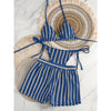 New Retro 3 Pieces Knitted Mesh String Bikini Set Swimsuit Women Blue Striped Swimwear with Shorts Beach Wear Boho Bathing Suit test
