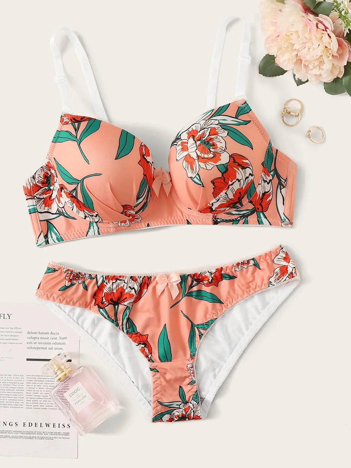 New High Quality polychrome Lingerie 2 Pieces Women's Underwear SetGathering Beautiful Flower Prints Push Up Bra A2138