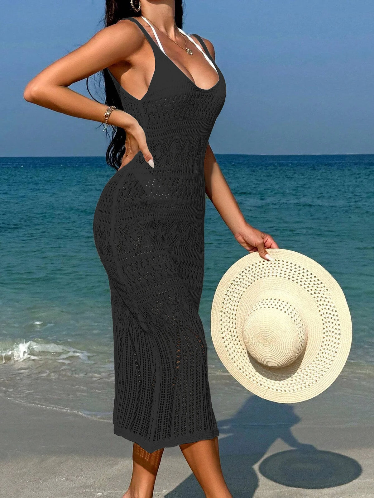 Elegant Temperament Women's Fashion Hollow Out Maxi Dress Cover up Skirt Suspender Skirt Showing Body Waistline Free Bikini