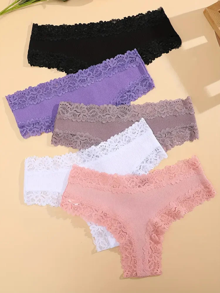 5Pcs Women Cotton Brazilian Pants Sexy Lace Brazilian Briefs Low Waist Floral Solid Color G-string Breathable Soft Lingerie