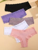 5Pcs Women Cotton Brazilian Pants Sexy Lace Brazilian Briefs Low Waist Floral Solid Color G-string Breathable Soft Lingerie