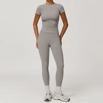 New Yoga Set Two Piece Women Short Sleeve Top with High Waist Leggings Seamless Workout Clothes Patchwork Sport Fitness Gym Sets