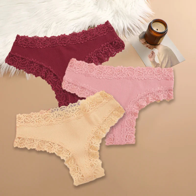 3Pcs Women Cotton Brazilian Pants Sexy Lace Brazilian Briefs Low Waist Floral Solid Color G-string Breathable Soft Lingerie