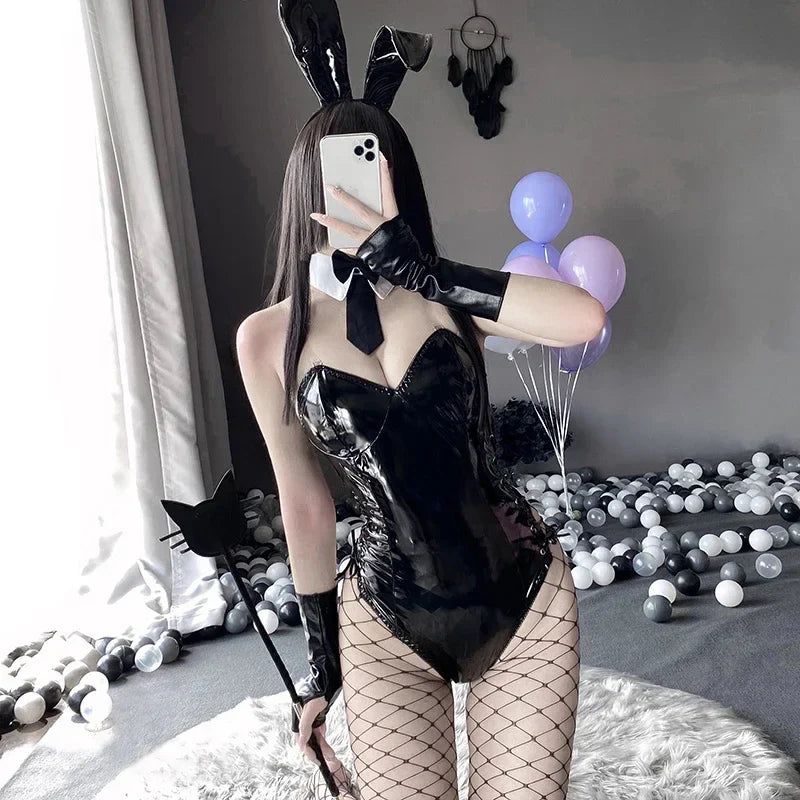 Mai Sakurajima Bunny Girl Cosplay Costume Women Sexy Lingerie PU Leather Bodysuit with Tie and Headband Set Anime Outfit
