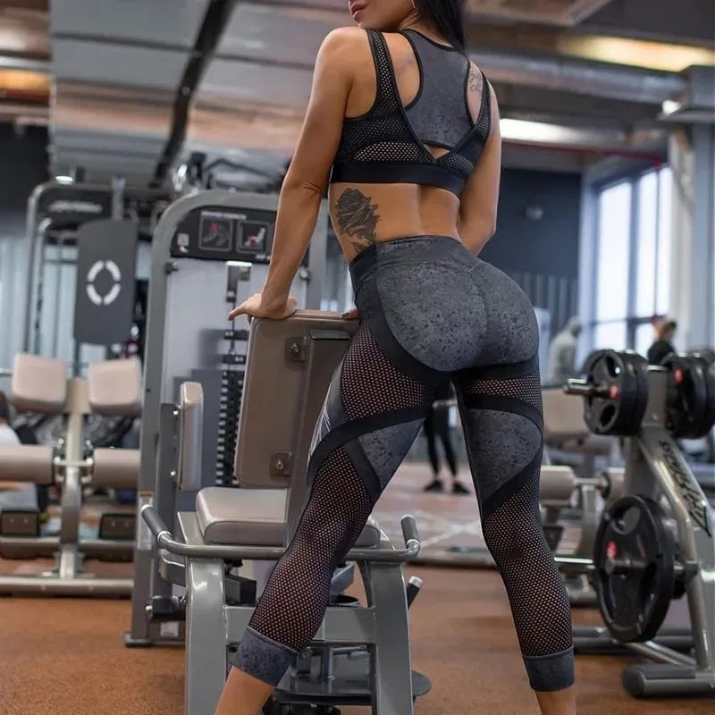 2-piece Set Sportswear Set Women's Clothes Sports Yoga Printed Mesh Split-Joint Bra&Leggings Fitness Suit Women 79369