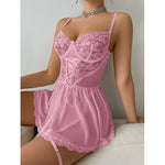 Lace Open Bra Underwear Set Lace UpLingerie Transparent Deep V Bra Baby Doll Dress Women EroticMesh Garter Underwear Sets