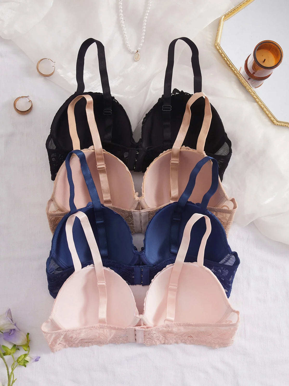 4PCS Plus Size Lace Women's Underwear Set Underwire Push Up Bra Rhinestone Bow Comfort B C D Thin Cup Bras Women