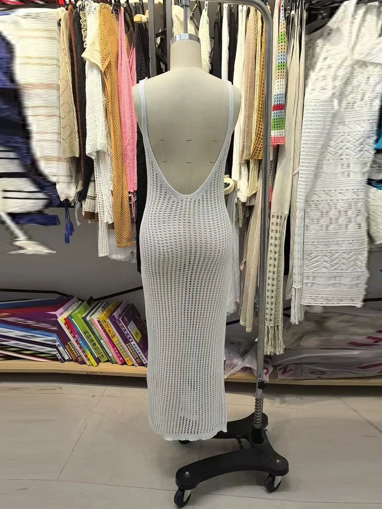 Sexy U Hollow Backless Slim Sleeveless Maxi Dress Hot Woman's See-through Wrap Hip Beach Evening Dress Solid Vacation Robe Dress