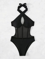 Sexy See Through One Piece Swimsuit 2025 Women Halter Corss Underwire Tummy Control Swimwear Solid Black Hot Pink Bathing Suits