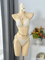 Vintage Beige Black Mesh Skirt 3 Piece Bikini Set 2026 Women Metal Chain Strap Push Up Bra Swimsuit Beach Bathing Suit Swimwear
