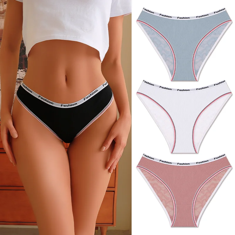 3Pcs/Set Women's Cotton Lace Panties V-Waist Sexy Sport Low Waist Briefs S-XL Comfortable Underwear Female Soft Color Underpants