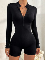Women's Solid Color Half Zip Ribbed Knit Short Sleeve Romper Sports Soft Slim Fit Mock Neck Jumpsuit Streetwear 2025 Summer