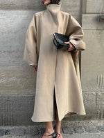Women's Elegant Faux Suede Long Jacket Stand Collar Bat Sleeve Solid Overcoat Outwears 2025 Autumn Winter Female Streetwears