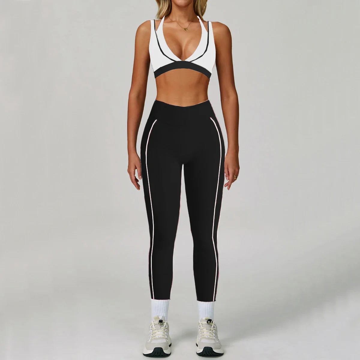 Pad 2PCS Yoga Set Sports Bras V-Neck Halter Pocket Fitness Workout Running Leggings Gym Woman Active Wear Clothing XP26