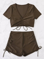 Sexy Drawstring Bikini Set 2026 Women Green Black Short Sleeve Two Piece Swimsuit Summer Bathing Suit Pleate High Waist Swimwear