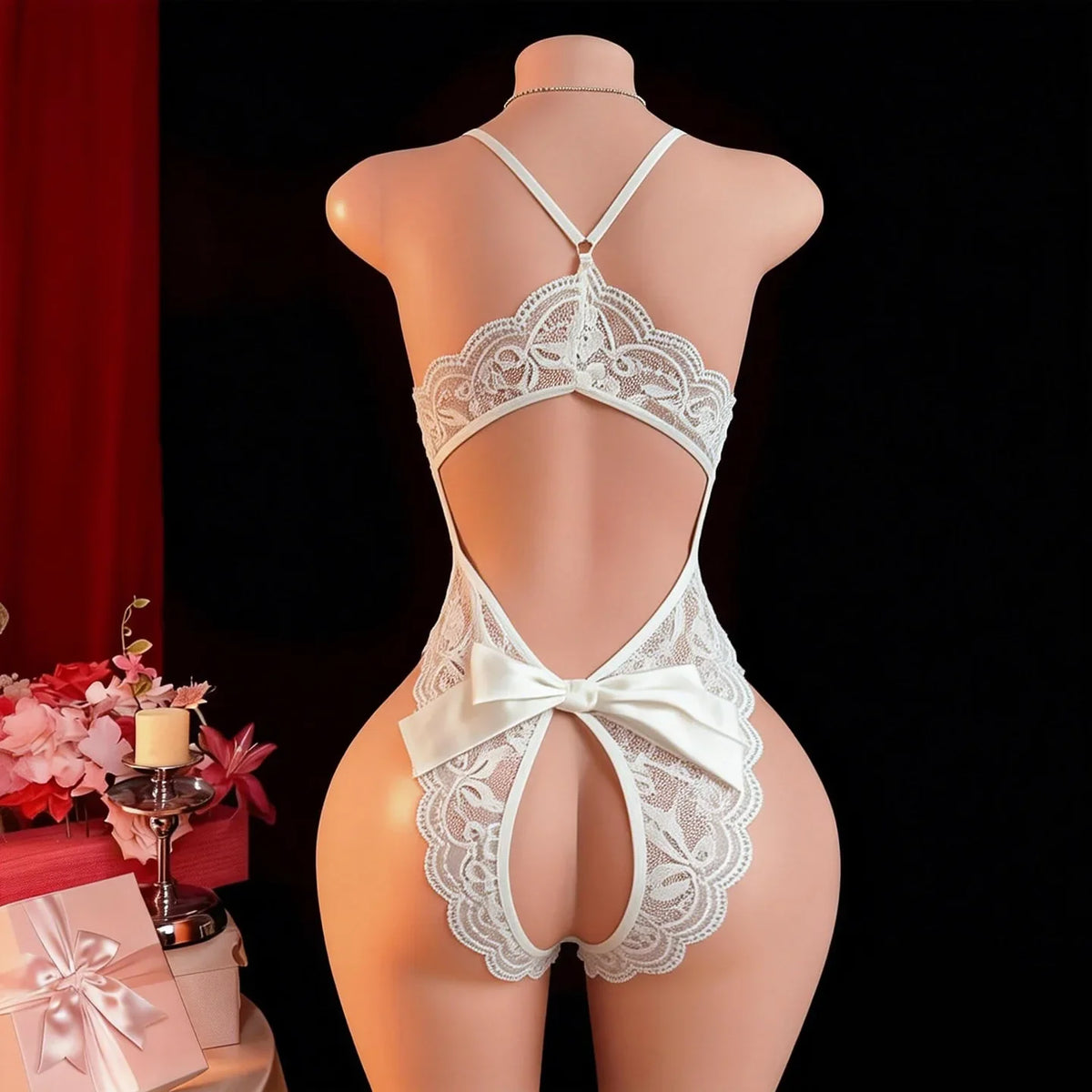 Crotchless Lingerie Lace Hollow Bra Set Sexy Tight Fitting Women Clothing,V-neck OpenBodysuit .Soft Padded Bra Underwear Set