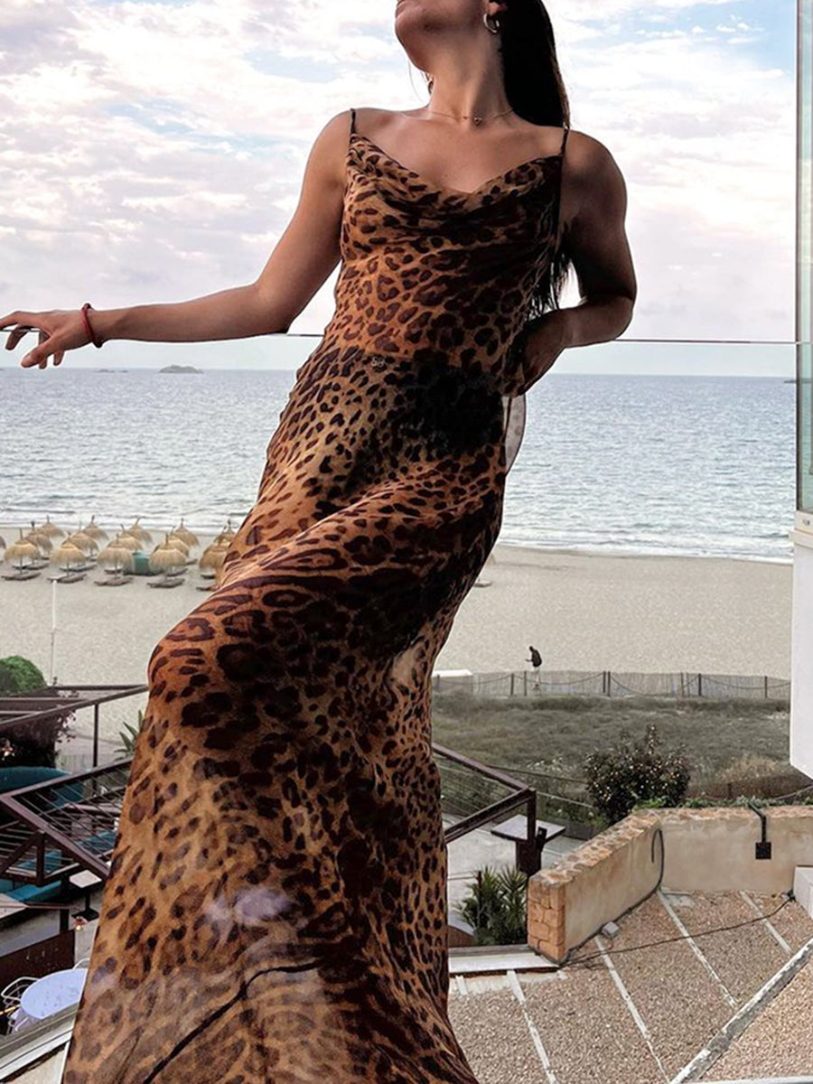 Yiiciovy Sexy Women's Split Beach Long Dress Cover-Ups Zebra Stripe/Leopard Print Summer Backless Dress for Beachwear Streetwear