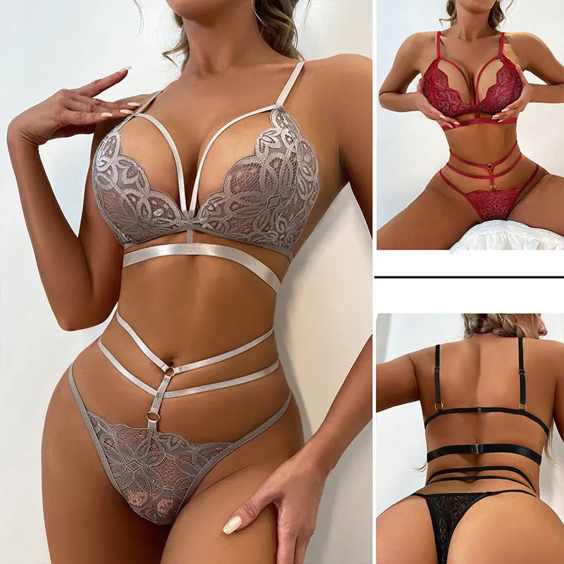 Sexy Lace Bra And Panty Set Woman Transparent Sexy Lingerie &Thong Sets Female Deep V Opening Porn Bra Underwear Sexy Costumes