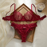 Ladies' Basic Style Thin Lace Bra And Panty Set Seamless Single Layer Eyelet Underwear Comfortable Intimate Apparel