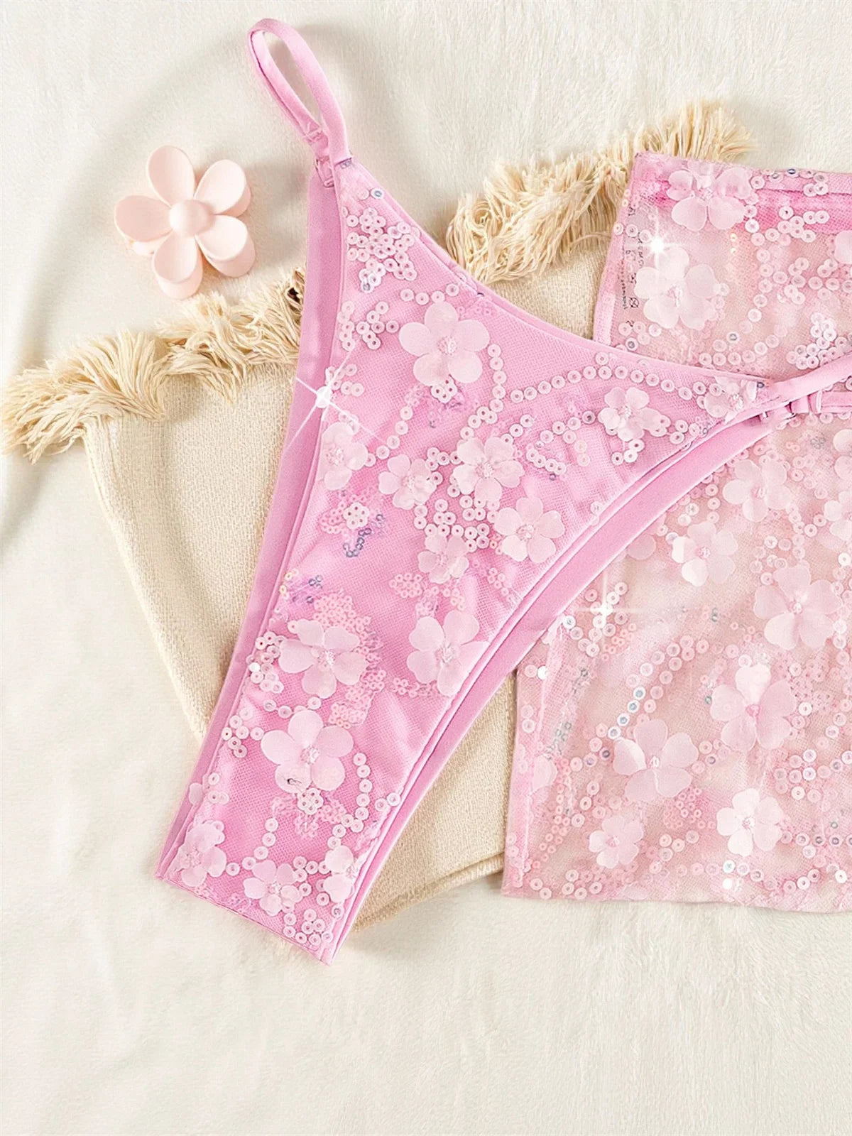 Shiny Sequin Pink Mesh Skirt 3 Piece Bikini Set Women Push Up Bra Thong Swimsuit Brazilian Beach Bathing Suit Holiday Swimwear