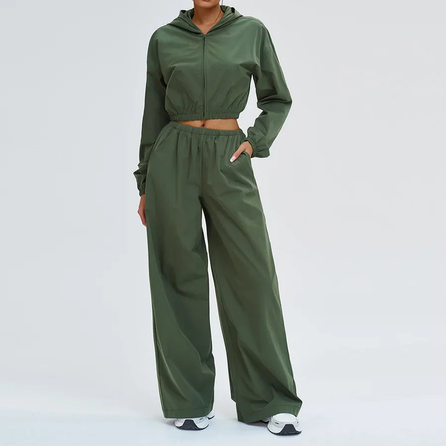 Sports sunscreen set Zipper windproof hooded sunscreen leisure outdoor 2 PCS Long Sleeved Loose sports riding Wide Leg Pants Set