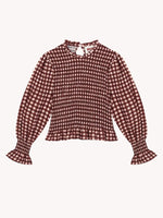 Women Fashionable Casual Round Neck Smocked Bubble 3/4 Sleeve Tops Summer Fall Plaid Print Ruffled T-shirts