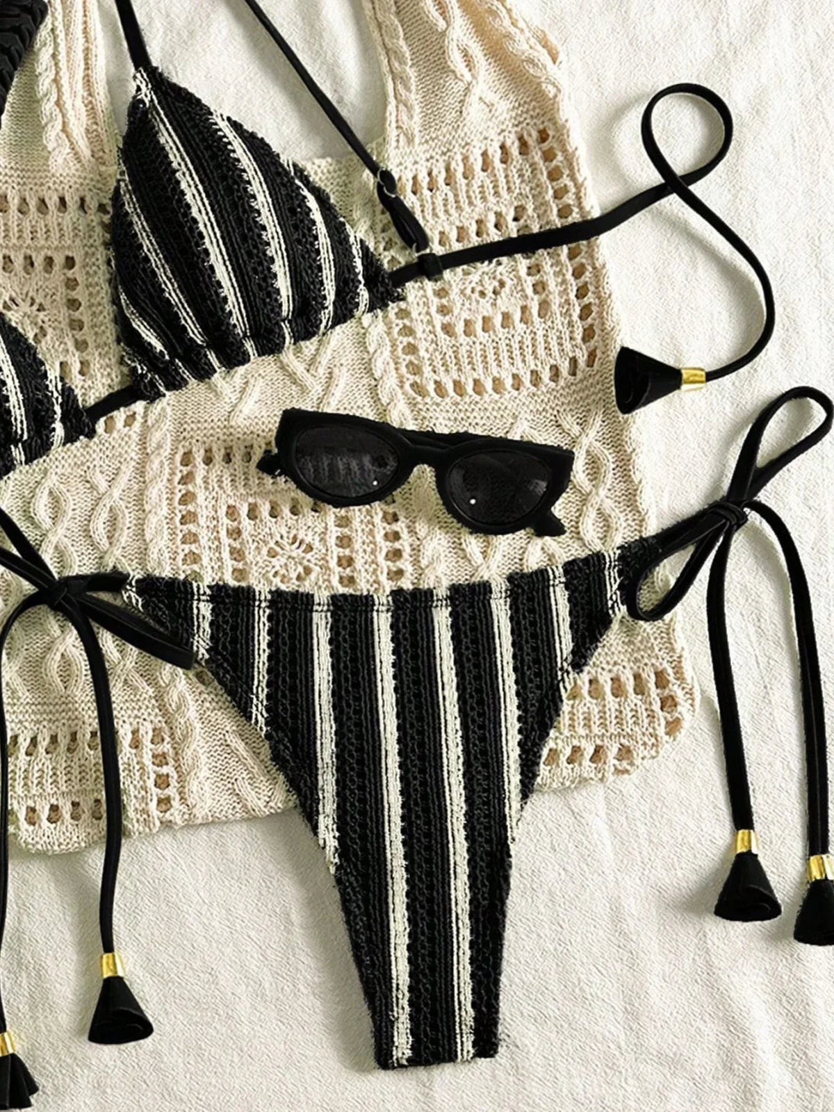 Sexy Orange Striped Bikini Set 2026 Women Halter Push Up Bra Tassel Bandage Thong Swimsuit Summer Holiday Bathing Suit Swimwear