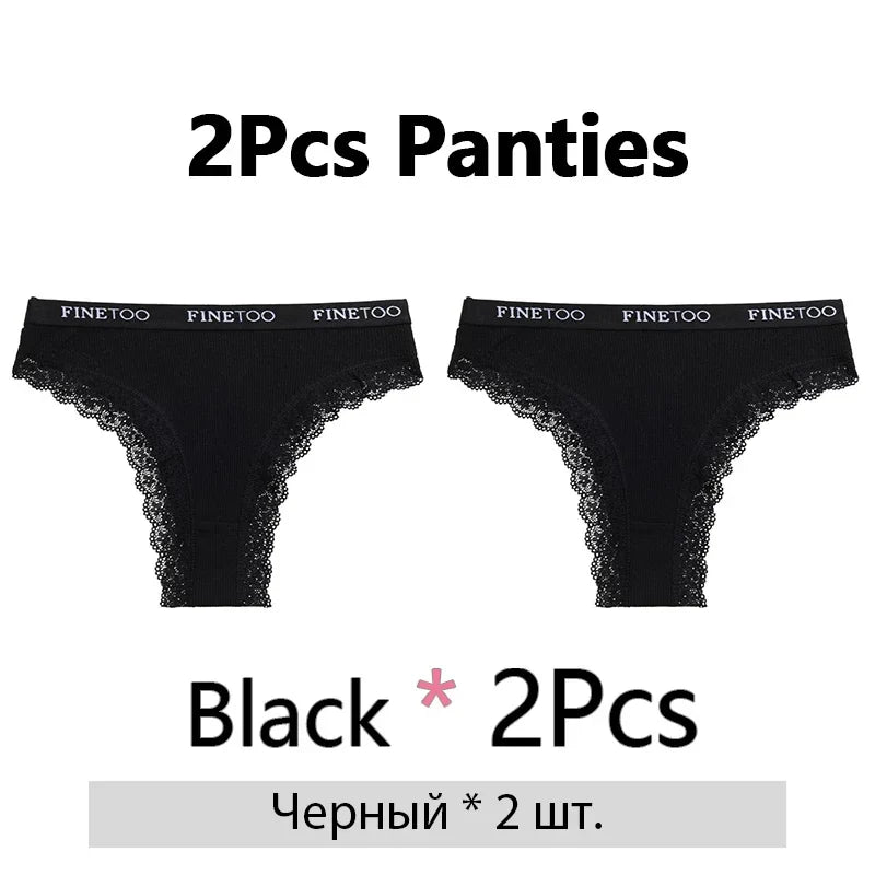 FINETOO 2Pcs/Set Women Cotton Brazilian Panties Plus Size M-2XL Lingerie Sexy Lace Underwear Low Rise Girls Intimates Underpants