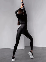 Woman's Clothes Black Jumpsuits Long Sleeve Side Patchwork Striped Zipper Collar Skinny Sporty Yoga Jumpsuit 106346
