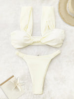 2026 Swimwear Women Halter Low Cut Bikini Set Solid Pleated Split Swimsuit Sexy Thongs Summer New Holiday Bathing Suit